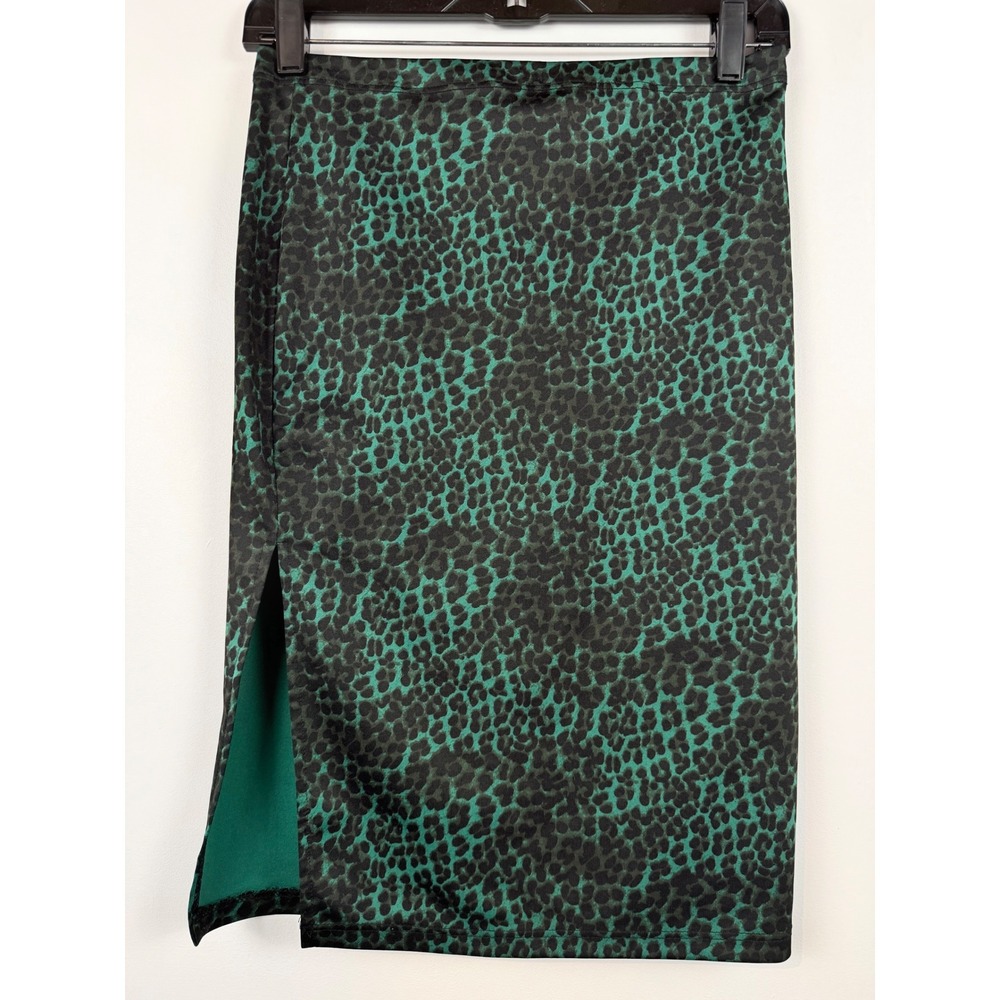 Forever 21 Green Leopard Print Side Slit Midi Pencil Skirt Womens Small
